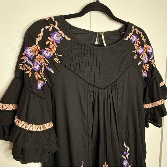 Free People - Pablo Dress - mini 3/4 sleeves, ruffles, embroidery. Black small - Picture 3 of 12